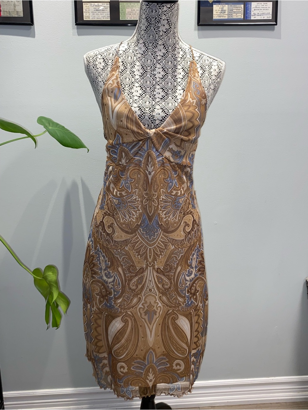 Paisley Knot-Front Midi Dress in Brown